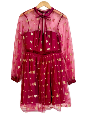 Unique Vintage Romantic Red Illusion Mesh Gold Hearts Party Dress Size Med M
